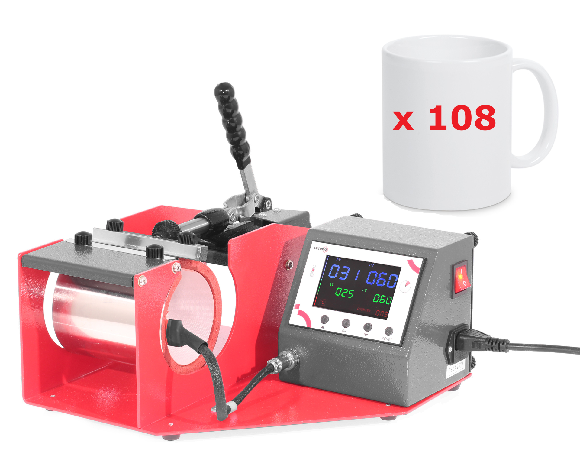 1x Secabo Tassenpresse TM1 + 108 Keramiktassen Premium, Orca Coating, 11oz