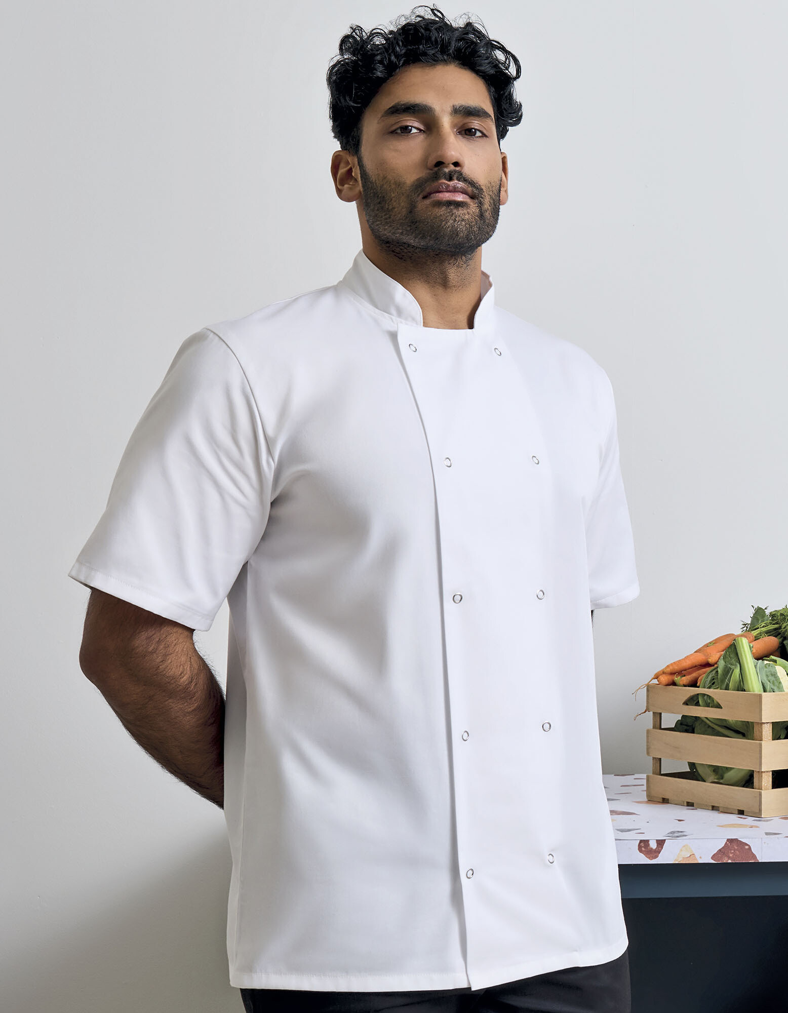 Studded Front Short Sleeve Chef's Jacket