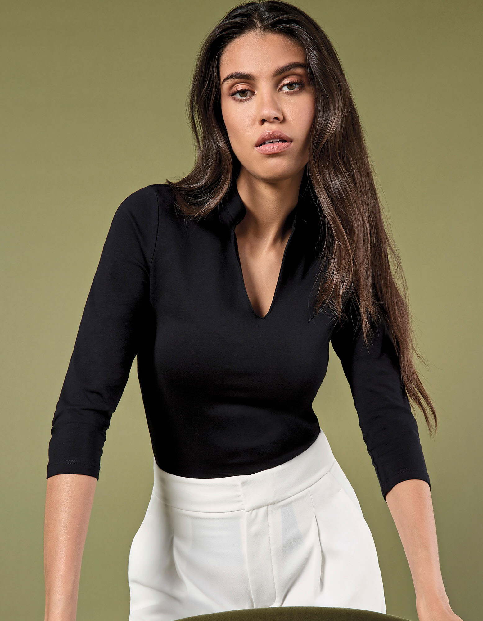 Regular Fit Mandarin Collar Top 3/4 Sleeve