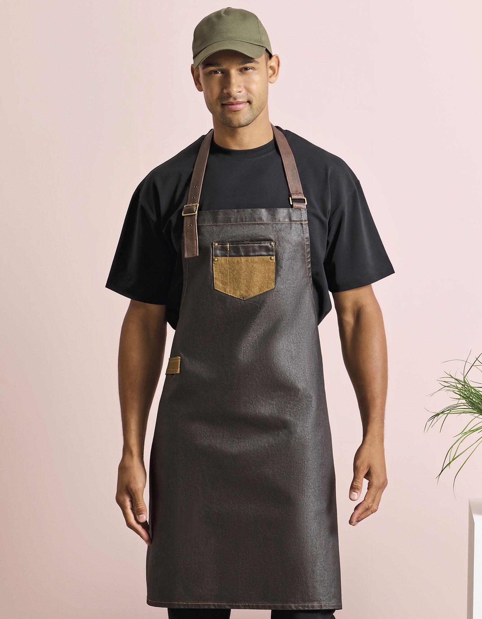 Division Waxed Look Denim Bib Apron With Faux Leather