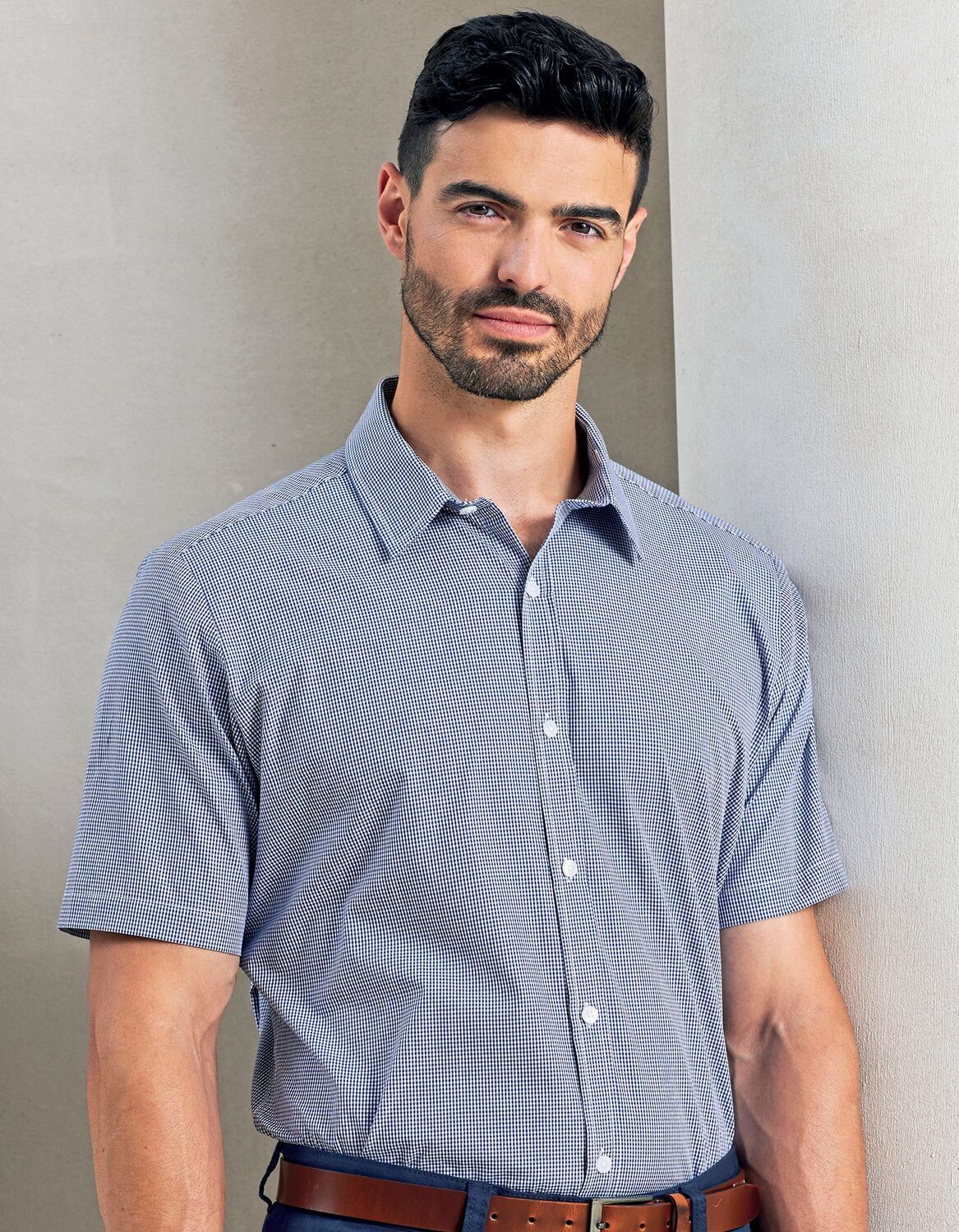 Camicia da uomo in cotone a maniche corte con motivo microcheck (percalle)