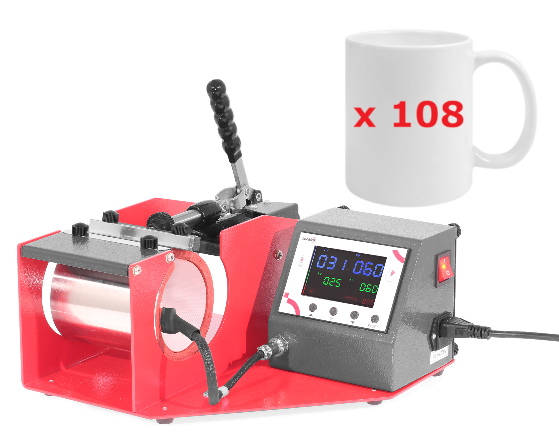 1x Secabo Tassenpresse TM1 + 108 Keramiktassen Eco, SunCoating, 11oz