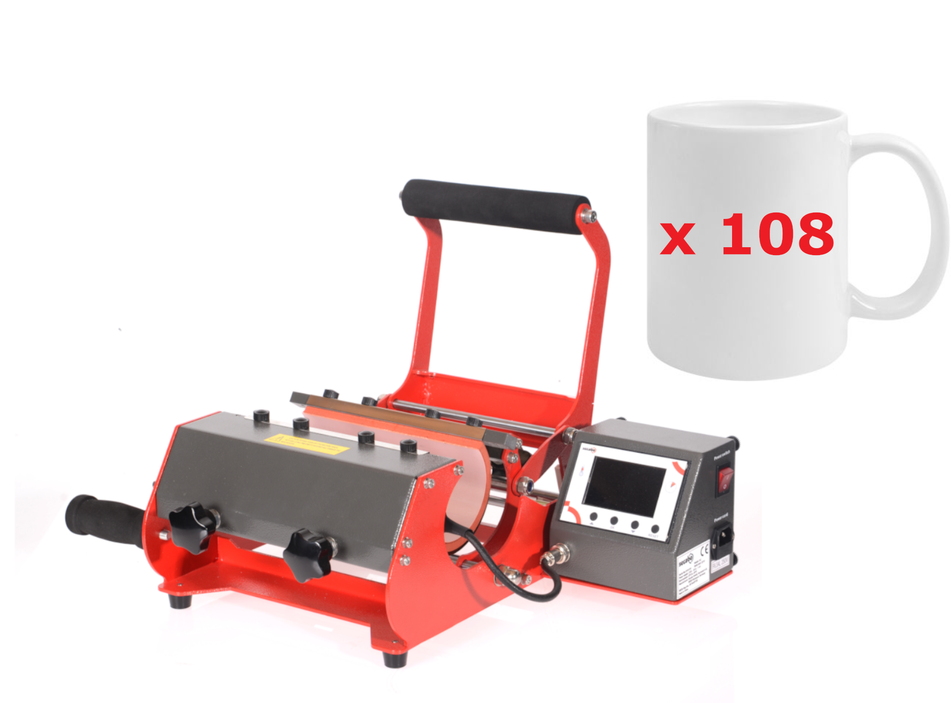 1x Secabo Tassenpresse TM2 + 108 Keramiktassen Eco, SunCoating, 11oz